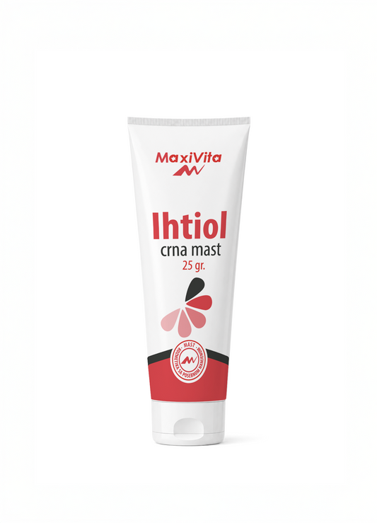 MaxiVita Ihtiol crna mast 25 g u bijeloj tubi s crvenom etiketom na bijeloj pozadini.